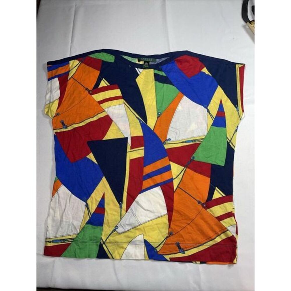 Lauren Ralph Lauren T Shirt Womens‎ Boat Neck Multicolor AOP Sailing Size L